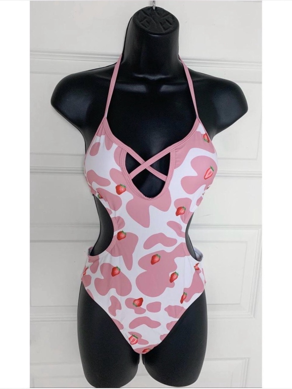 Miccostumes Pink Strawberry Milk Cow Print Halter One Piece Swimsuit Cosplay